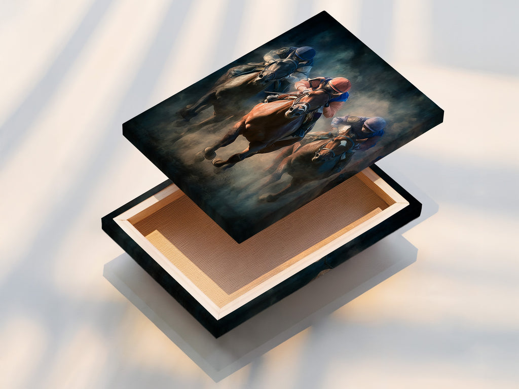 Stretched canvas print of a horse race art. The canvas is stretched tightly over a wooden frame. This ensures that the artwork looks smooth and professional. The stretched canvas is ready to hang. It makes a great addition to any room.