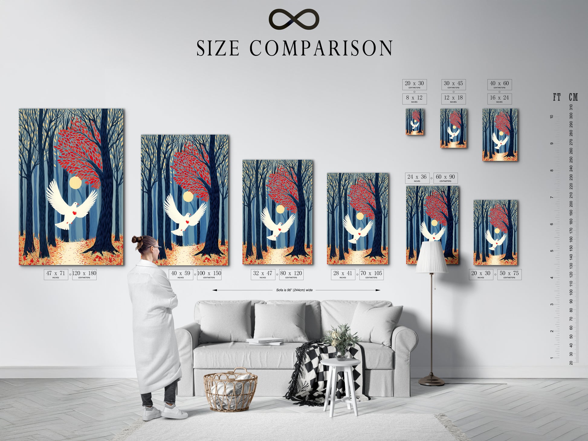 A size comparison chart displayed in an interior. You can visualize the Dove in Forest artwork in different sizes. Find the perfect fit for your wall decor needs. This chart helps you choose the ideal dimensions. Enhance your space today.