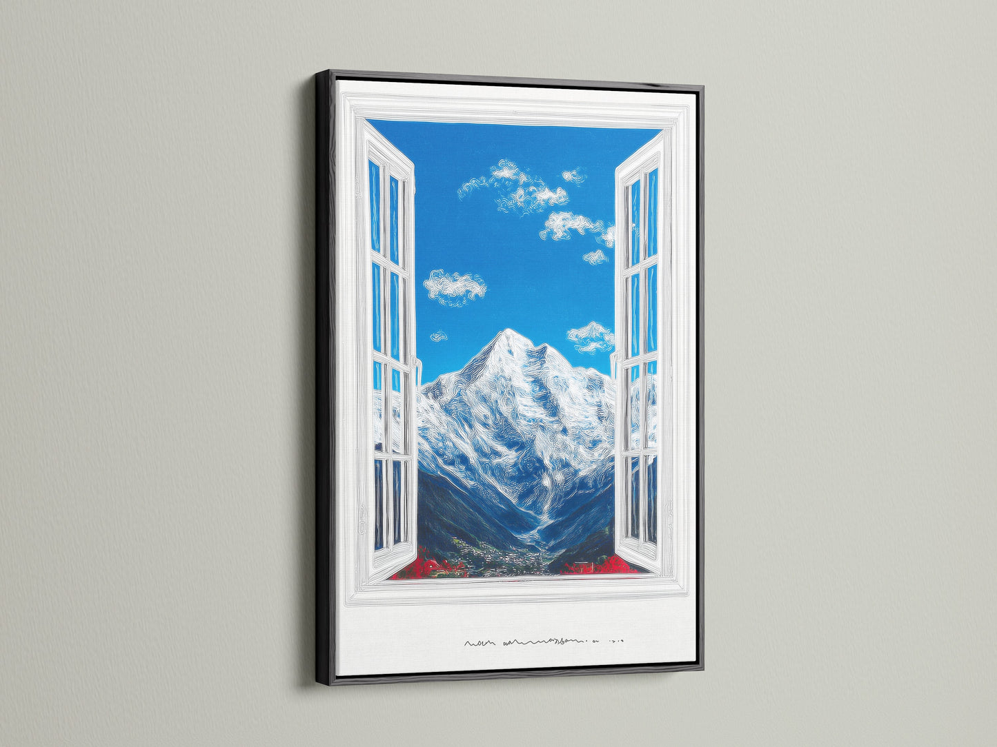 A mountain view artwork is framed in black. The artwork features a bright blue sky with fluffy clouds. A snow-capped mountain is visible through an open window. The open window view is inviting. This is scenic wall art.