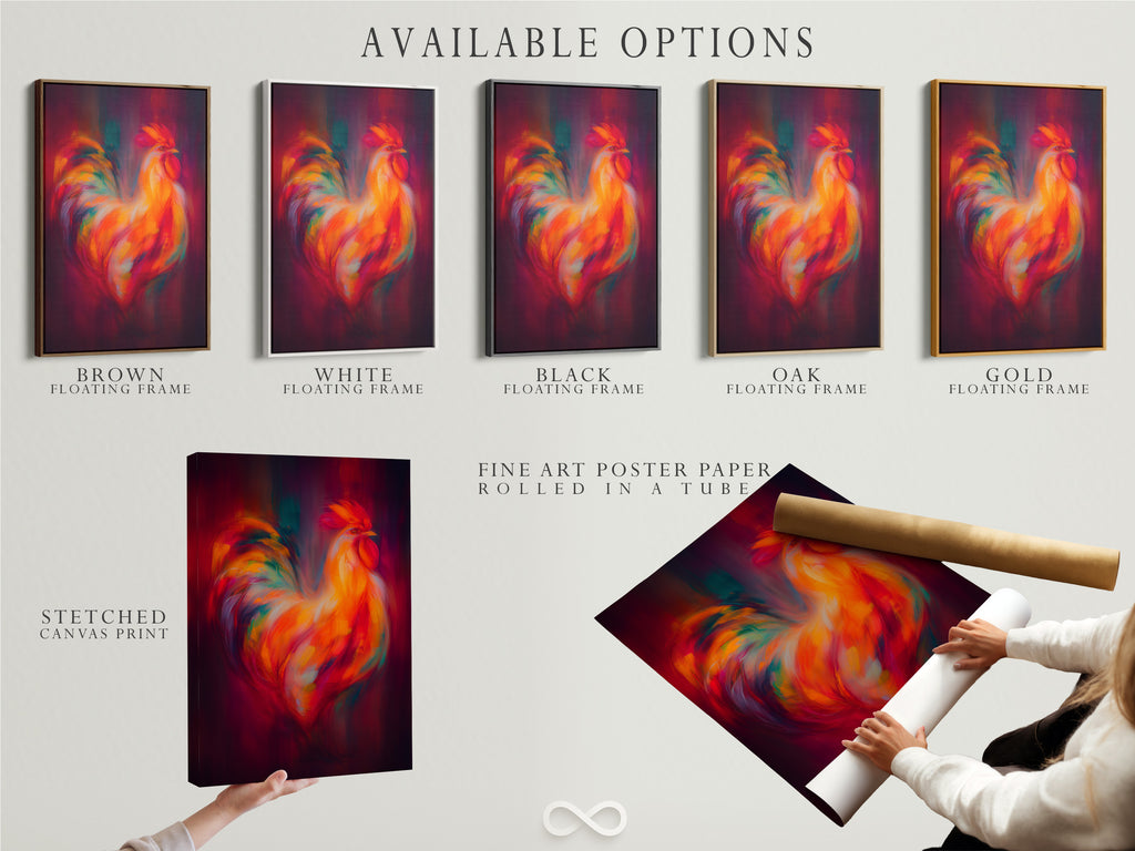 Available options for the rooster artwork. Choose between a stretched canvas print fine art poster paper or a floating frame. Customize your artwork to match your unique style and decor.