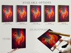 Available options for the rooster artwork. Choose between a stretched canvas print fine art poster paper or a floating frame. Customize your artwork to match your unique style and decor.