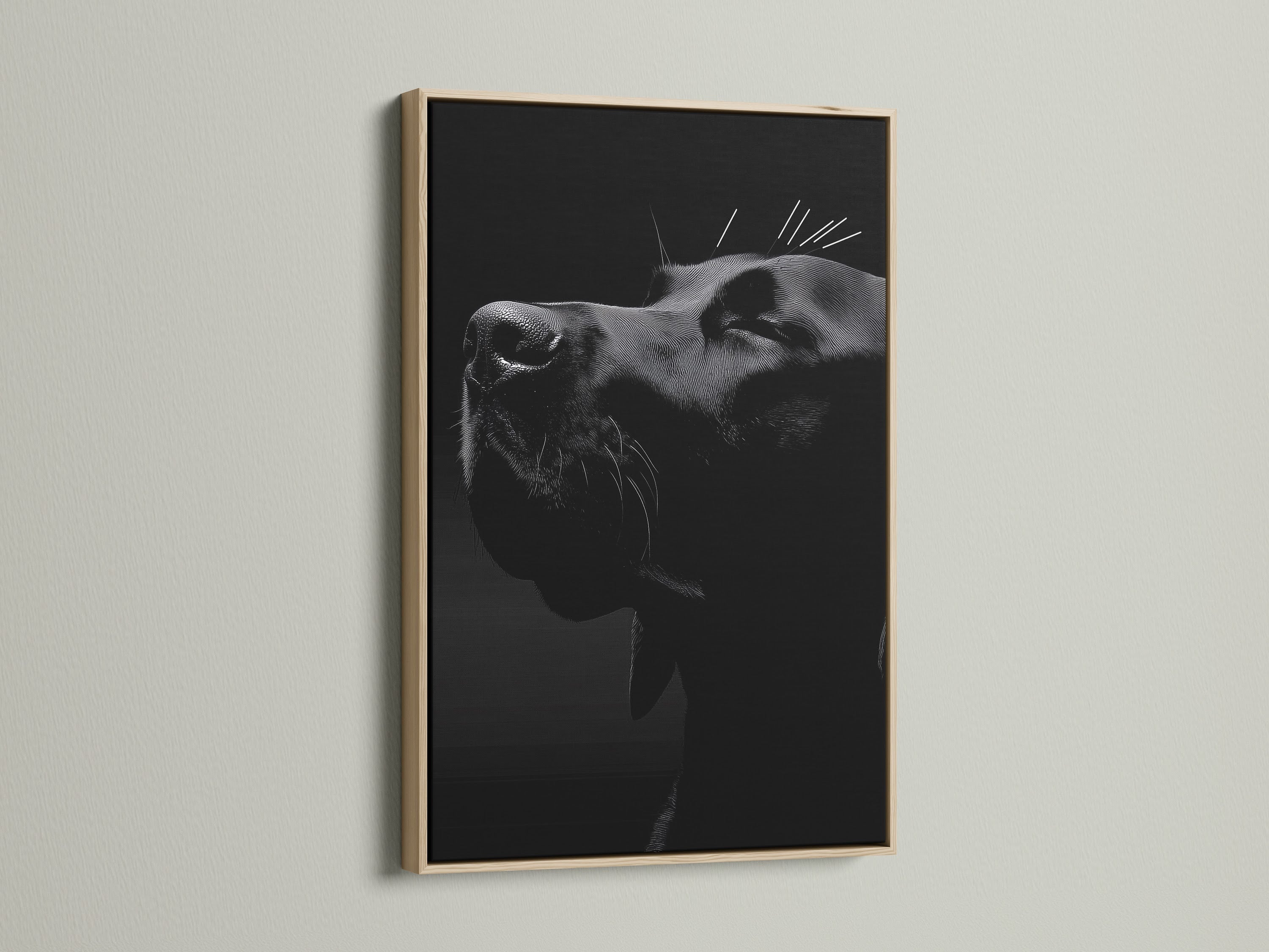 Close-up of a cow portrait in an oak frame. The artwork adds rustic charm to any room. Ideal for living rooms bedrooms and offices. Discover this refined farm animal print today.