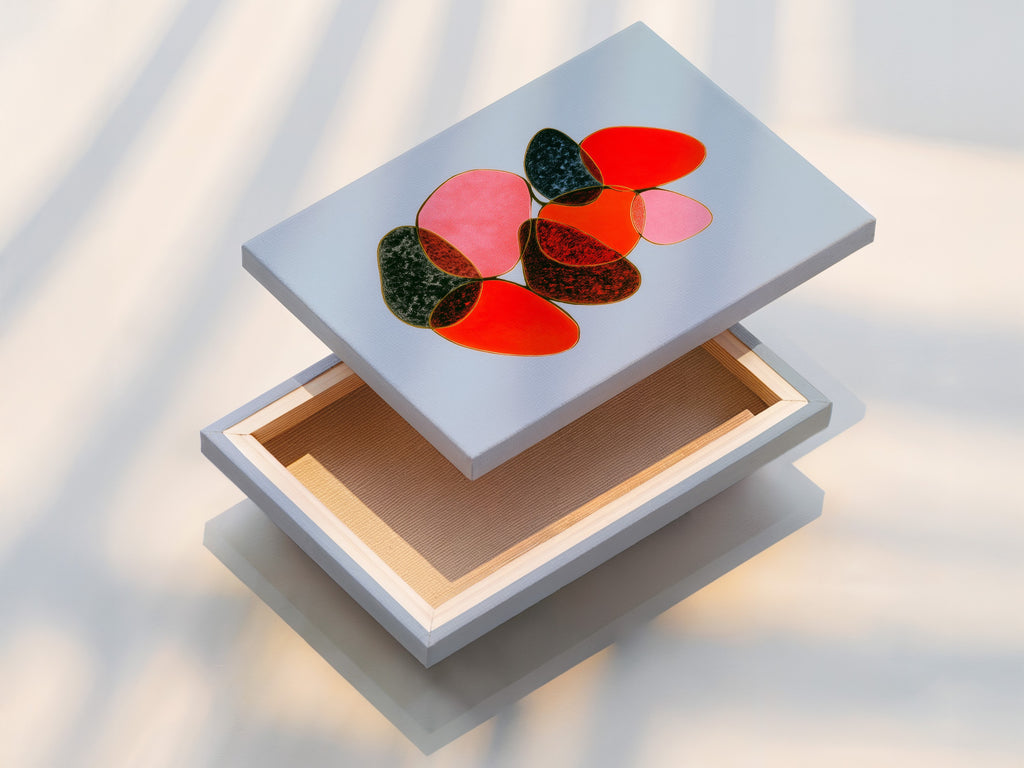 A stretched canvas print of the abstract stone artwork. The stretched canvas provides a gallery-quality look. This geometric wall art is ready to hang. Perfect for living room wall art.