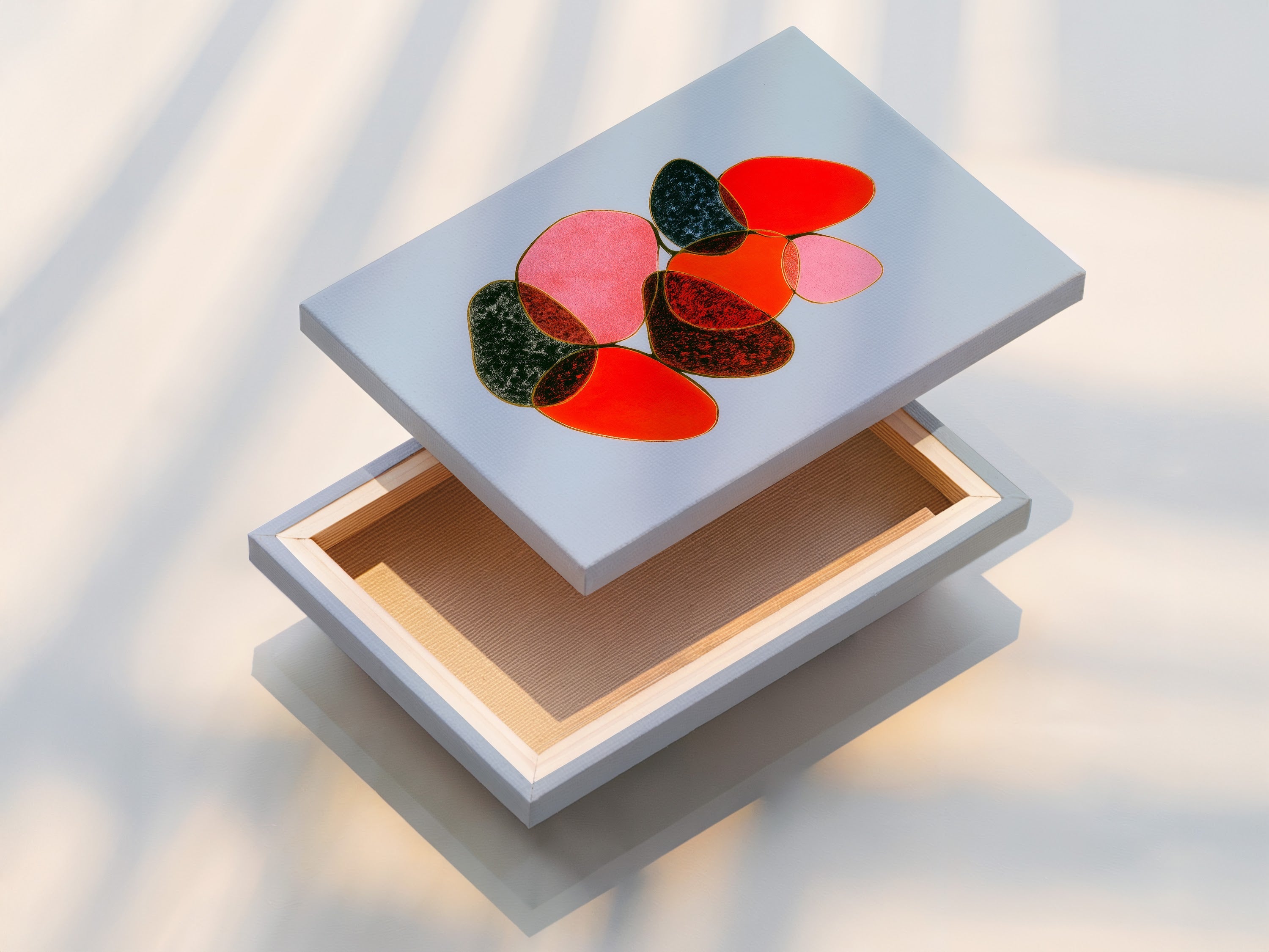 A stretched canvas print of the abstract stone artwork. The stretched canvas provides a gallery-quality look. This geometric wall art is ready to hang. Perfect for living room wall art.