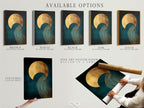 Available options are displayed including a stretched canvas print fine art poster paper and floating frame. All showcasing a teal and gold abstract sun wave artwork. Choose the perfect format to complement your decor. This contemporary print is perfect for modern minimalist or eclectic spaces.
