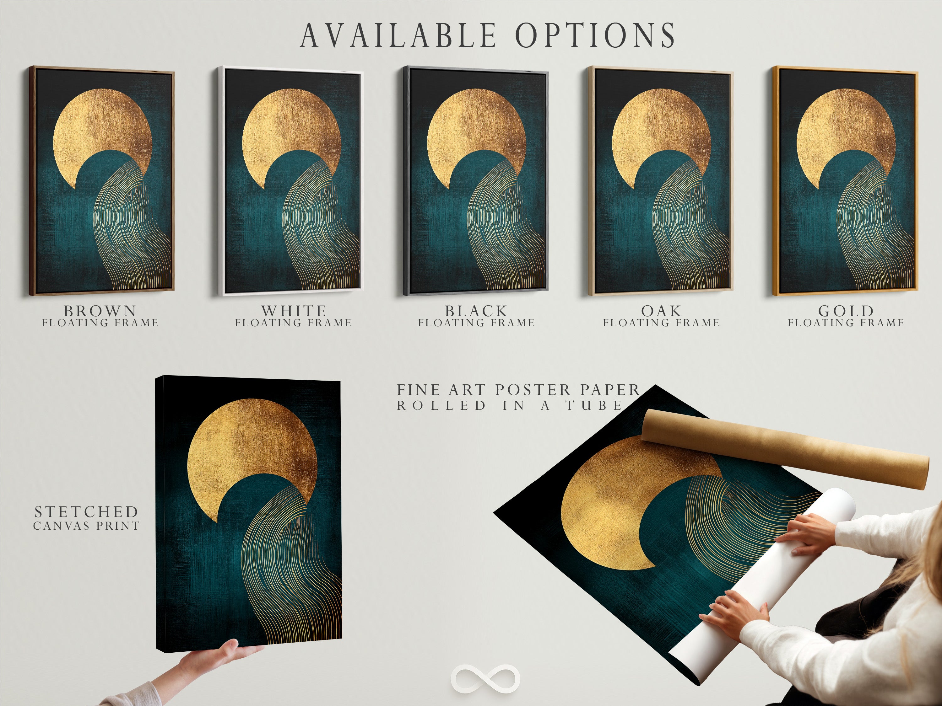 Available options are displayed including a stretched canvas print fine art poster paper and floating frame. All showcasing a teal and gold abstract sun wave artwork. Choose the perfect format to complement your decor. This contemporary print is perfect for modern minimalist or eclectic spaces.