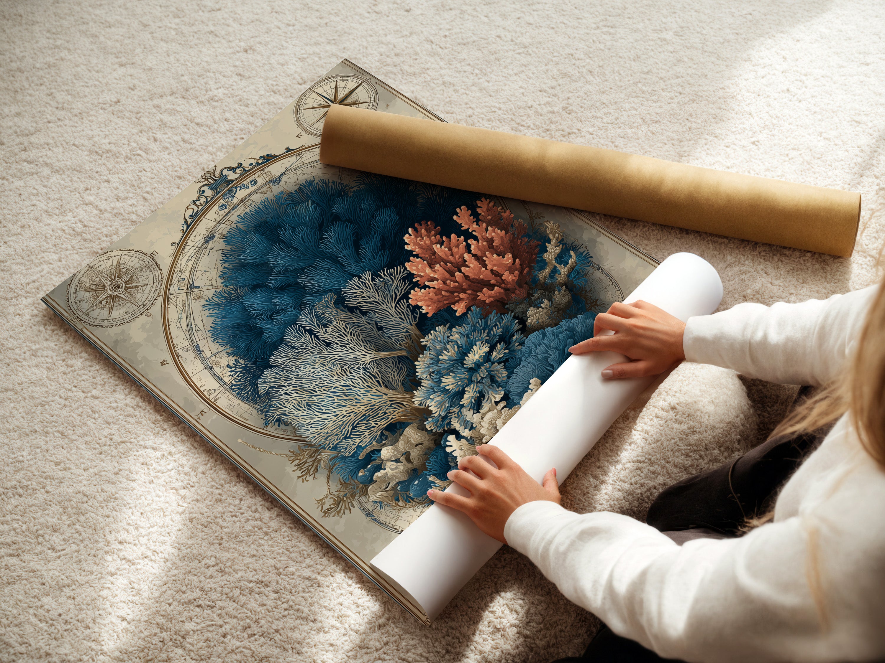A woman rolls a fine art poster paper. This poster paper is designed for high quality art prints. Fine art poster paper ensures vibrant colors and sharp details. Ideal for preserving the beauty and integrity of artwork. Perfect for art collectors.