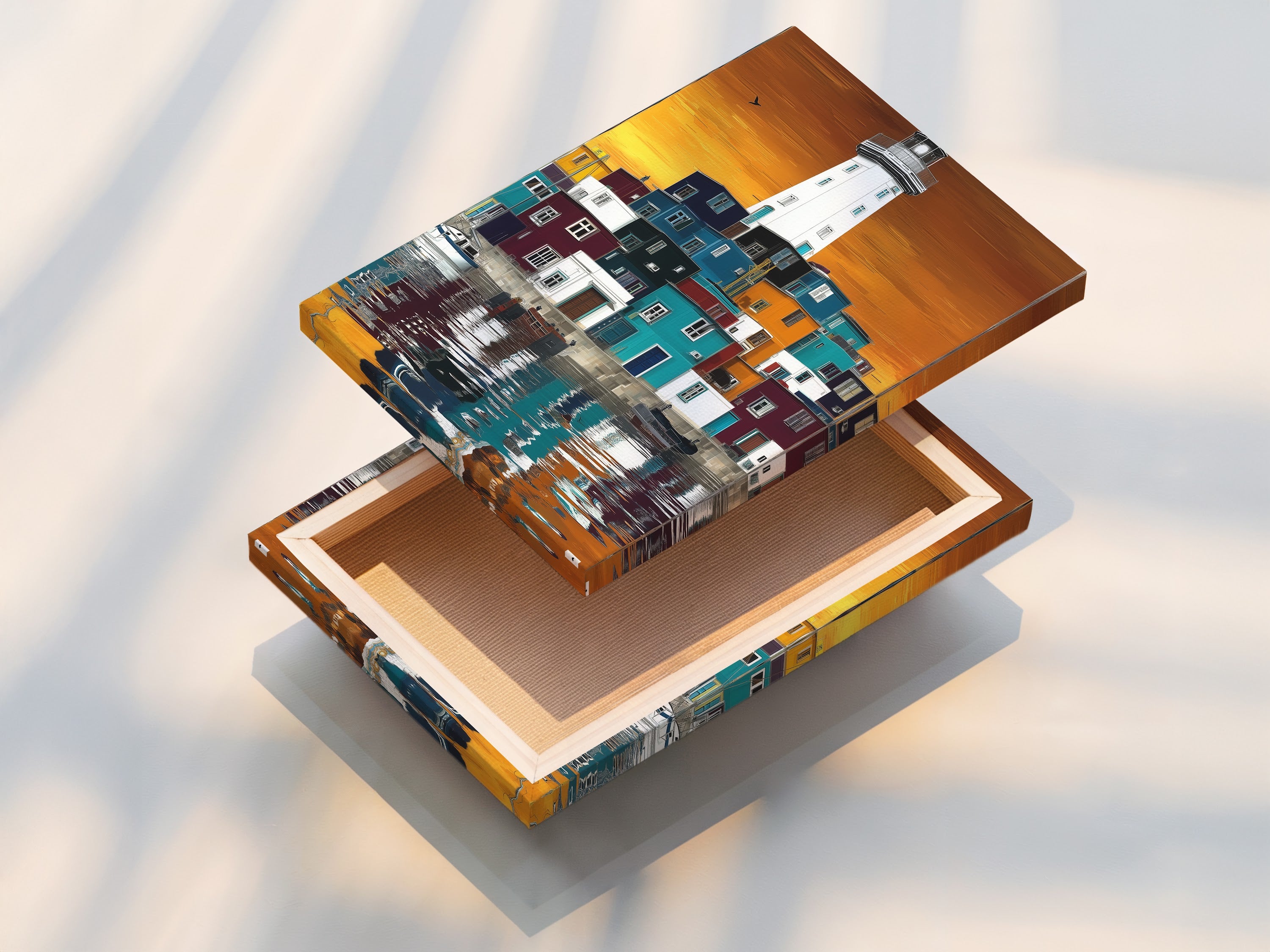 This is a stretched canvas print. The coastal lighthouse artwork is ready to hang. The stretched canvas ensures the artwork's durability. The nautical wall art is showcased in its best form. A perfect addition to any art collection. It is vibrant and ready.