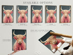 Available options include stretched canvas print fine art poster paper and floating frame. Customize your pink Highland Cow artwork. Select the perfect format for this fluffy cattle art. Elevate your decor.