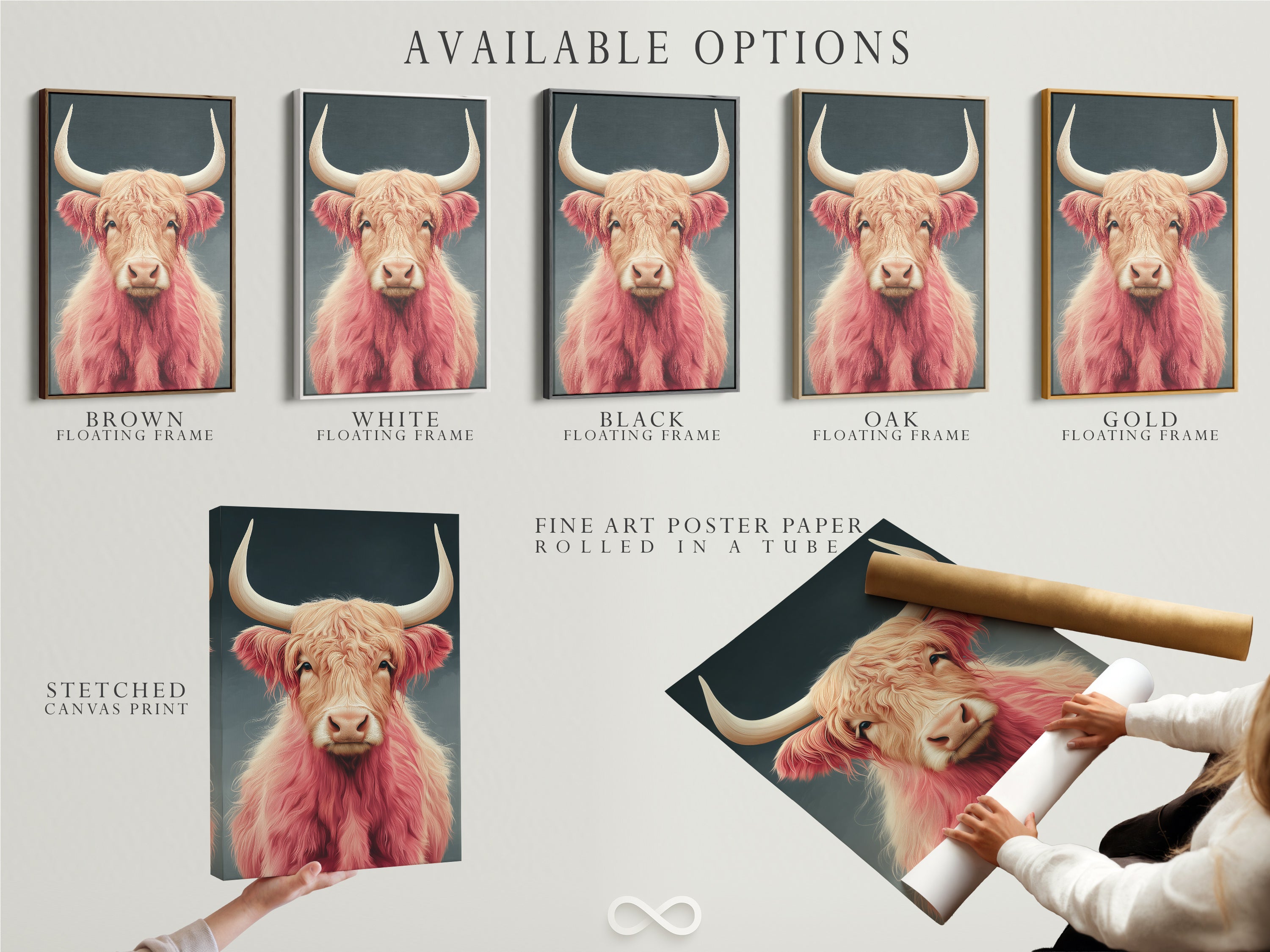 Available options include stretched canvas print fine art poster paper and floating frame. Customize your pink Highland Cow artwork. Select the perfect format for this fluffy cattle art. Elevate your decor.