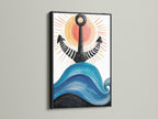 Black frame highlighting anchor artwork. This piece is a bold statement in coastal style. The navy blue tones create a sophisticated look. Great for those seeking minimalist or modern wall art. This coastal canvas art enhances any beach house or coastal themed room. Explore our collection of sea themed prints.