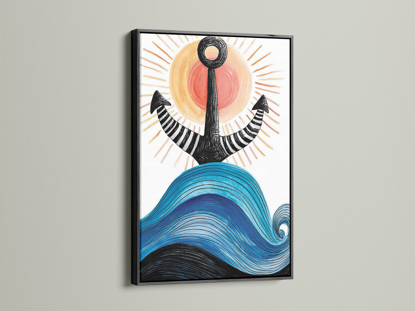 Black frame highlighting anchor artwork. This piece is a bold statement in coastal style. The navy blue tones create a sophisticated look. Great for those seeking minimalist or modern wall art. This coastal canvas art enhances any beach house or coastal themed room. Explore our collection of sea themed prints.