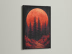 The forest moon artwork is presented in a sleek black frame. This dark nature art piece features a red sunset print. It adds a touch of sophistication to any space. Perfect as living room wall art or office wall art this print offers a contemporary style.