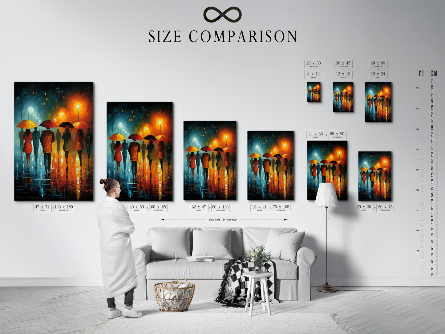 Size comparison chart in an interior setting. The chart shows the various sizes available for the rainy city walk artwork. Options include canvas prints and fine art posters. Find the ideal fit for your living room wall art.