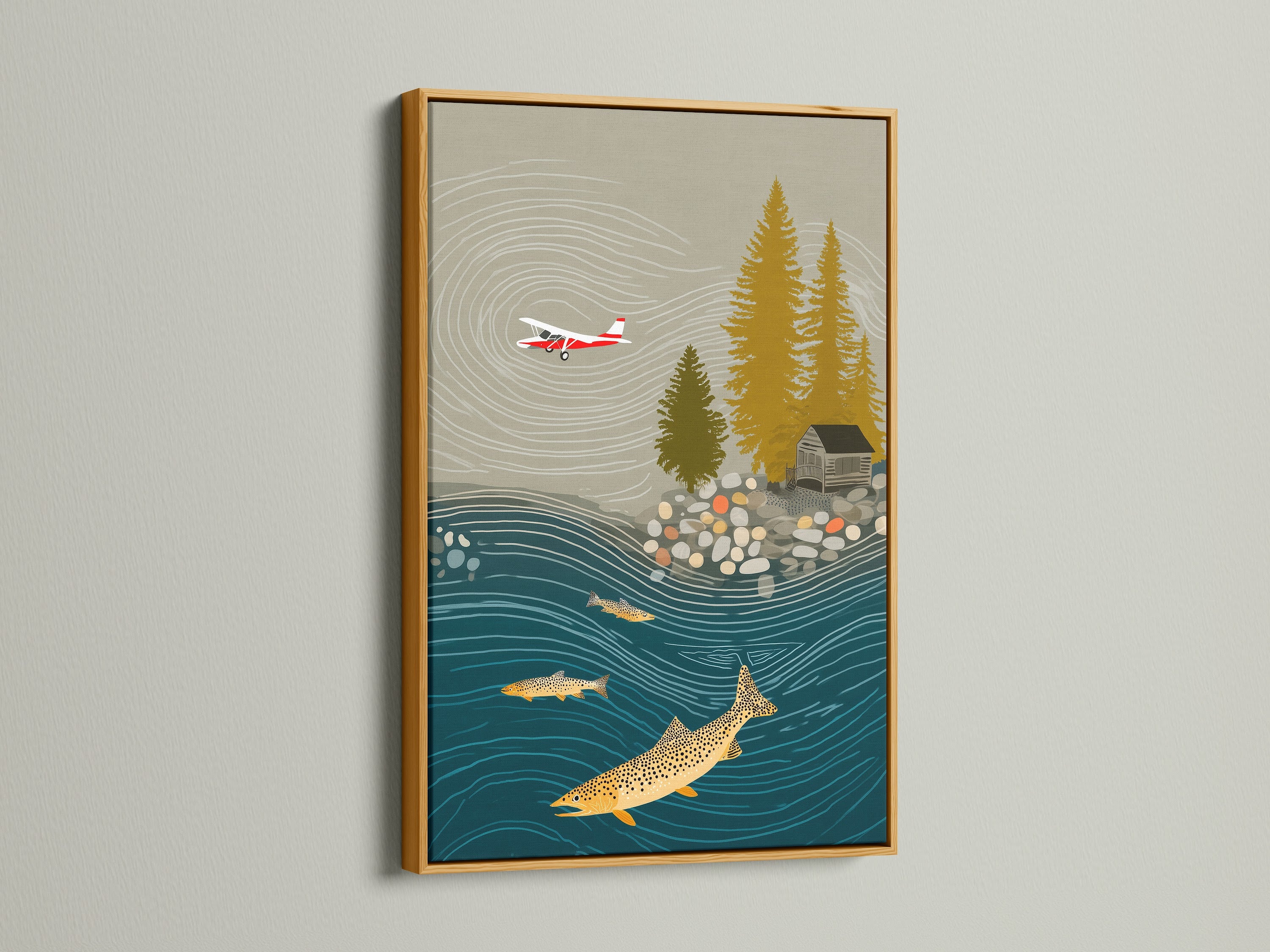 The fishing landscape artwork is framed in gold. This cabin canvas with airplane print is ideal for man cave decor. It adds a touch of elegance to lake wall art. The trout art will complement any vintage decor and lodge.