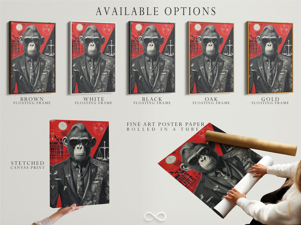 Available options for the Cool Gorilla Art Print. Choose from stretched canvas print fine art poster paper or floating frame. Elevate your space with this distinctive artwork