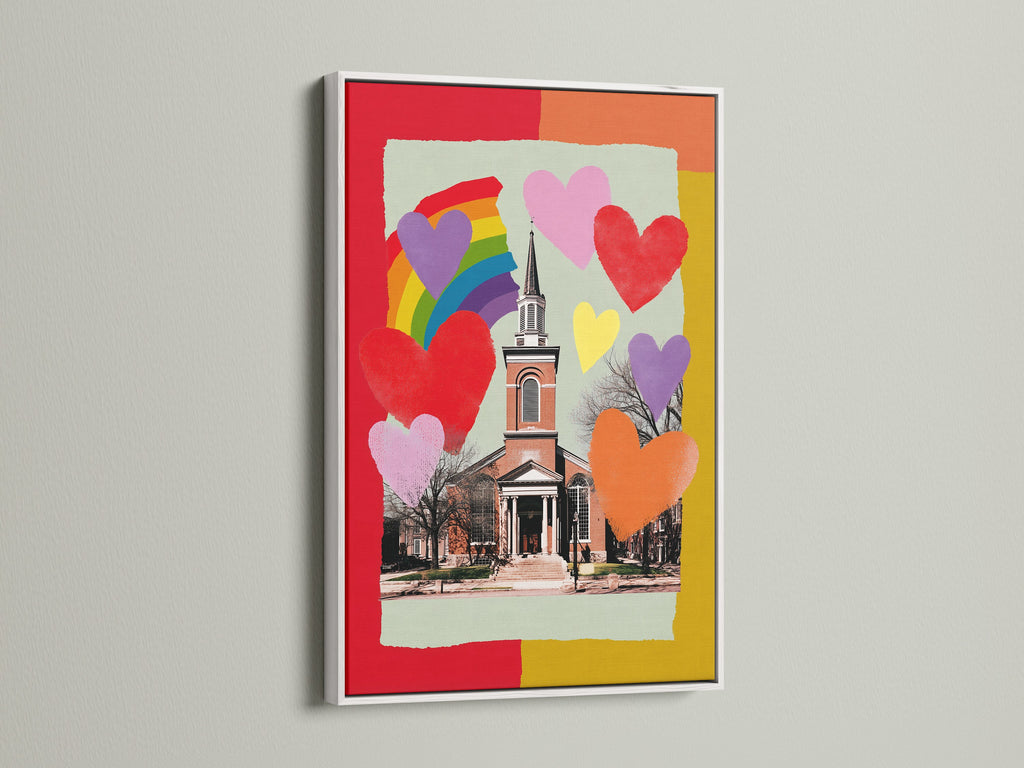 A framed artwork with a white frame is displayed on a white wall. The art features a church with hearts and a rainbow. The white frame offers a clean modern look. Browse our selection of white frames for a sophisticated touch.