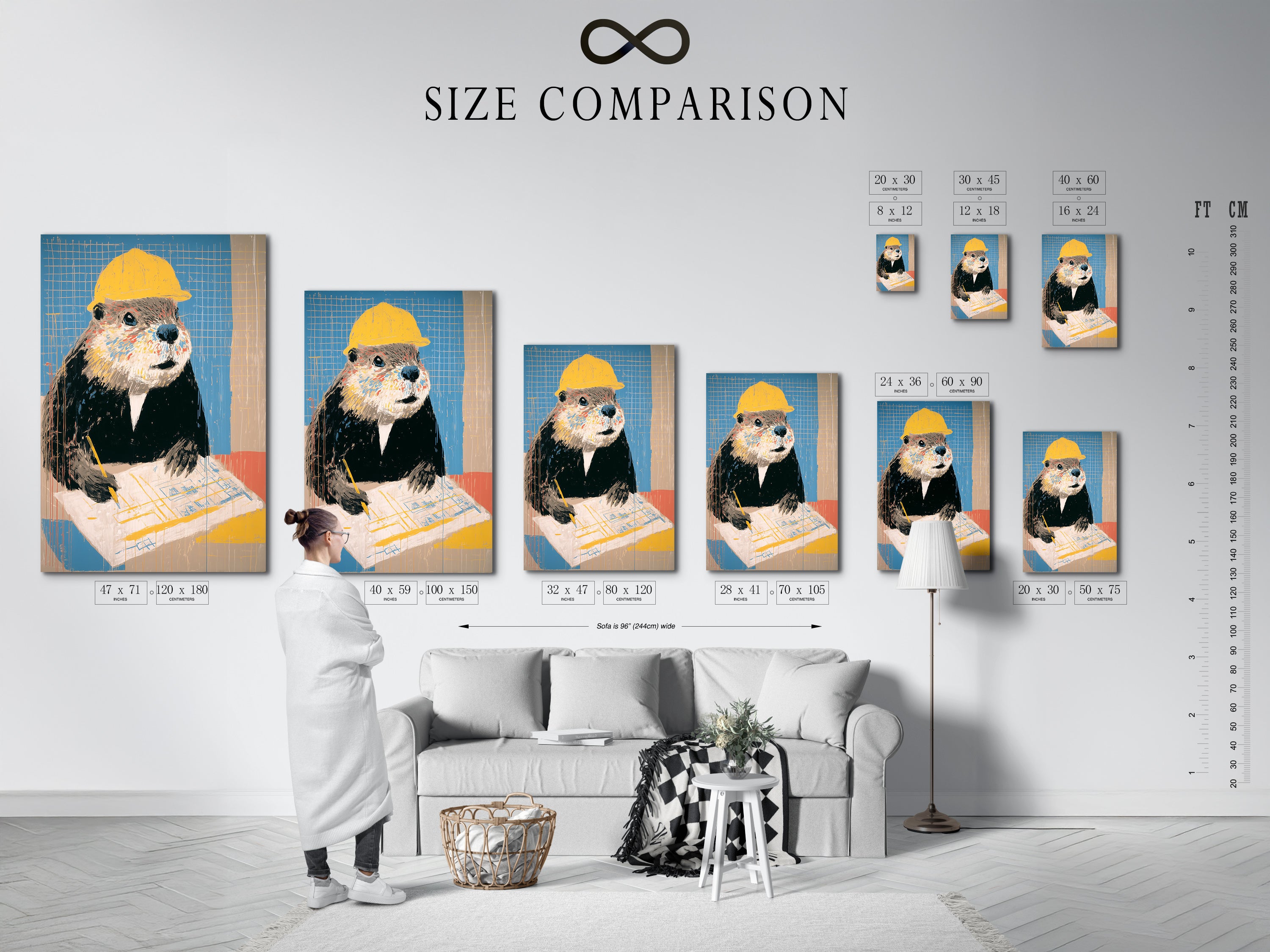 Size comparison chart of the beaver art print in an interior setting. The canvas showcases a funny animal worker. Ideal office wall decor and contractor gift. The quirky wall art suits contemporary and industrial settings. Consider a size that suits your space.
