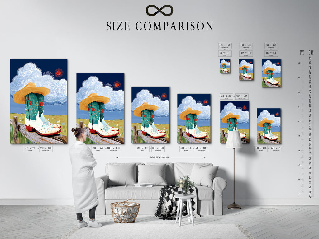 A size comparison chart in an interior setting. See how the Cowgirl Boots art fits. Visualize the impact of this western wall art. Perfect for countrycore decor and farmhouse art. Find the ideal size for your space.