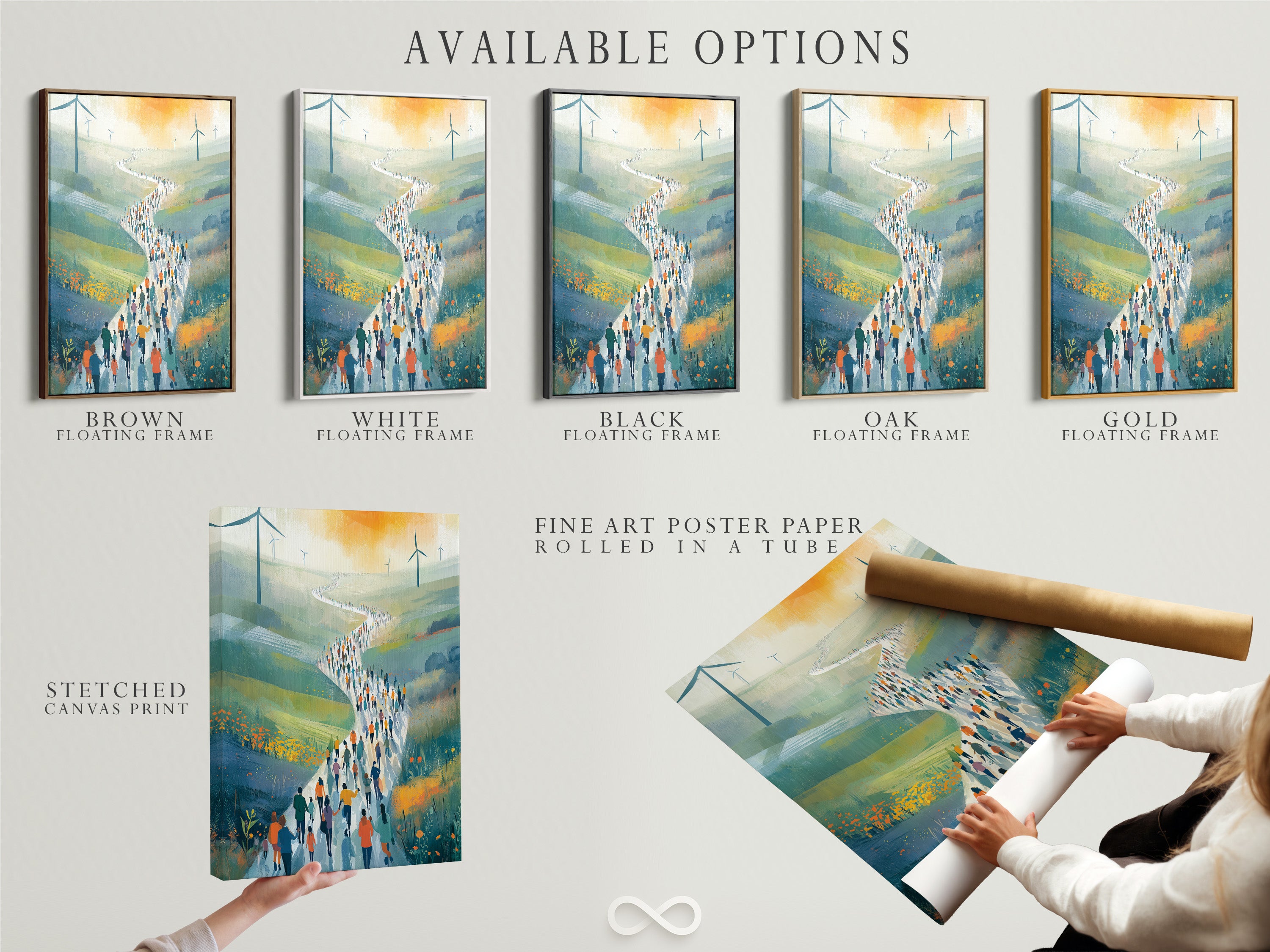 Wind Farm Migration Art - Modern Landscape Print, People Walking Path Through Rolling Hills, Green Energy Wall Art, Contemporary