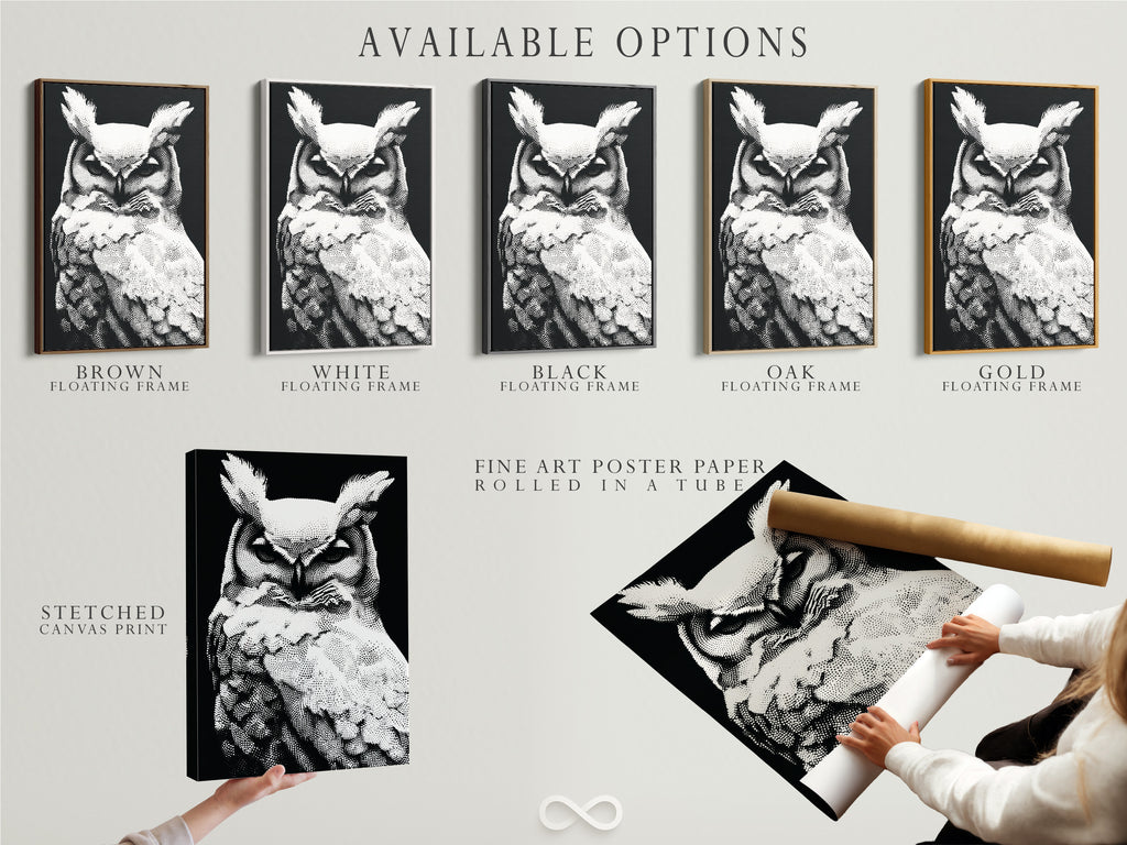 Available options are showcased: stretched canvas print fine art poster and floating frame. The black and white owl artwork can be customized. Choose the perfect option to match your style. This wildlife art is ideal for any room. Enhance your minimalist or modern decor today.