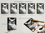 Available options are showcased: stretched canvas print fine art poster and floating frame. The black and white owl artwork can be customized. Choose the perfect option to match your style. This wildlife art is ideal for any room. Enhance your minimalist or modern decor today.