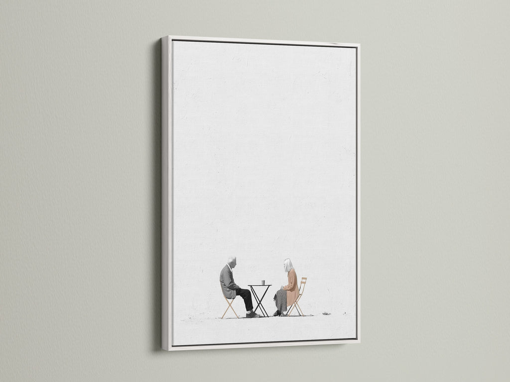 Enhance your decor with this minimalist art print. It features an elderly couple over coffee. The white frame provides a clean crisp look. Perfect for neutral wall art in any room. This simple art adds a touch of sophistication. Explore this modern art print today.