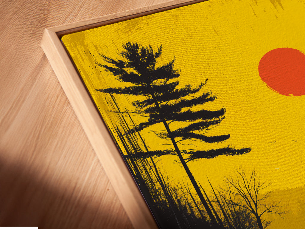 Angled close-up of sunset lake canvas print in floating frame. See the serene father and child artwork. Golden landscape adds warmth to your wall decor. Perfect for modern minimalist and Scandinavian interiors. This lakeside decor brings a calming touch to any living space. Explore our framed options.