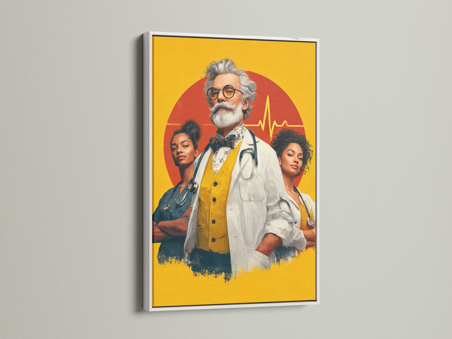 Medical team artwork is showcased in a white frame. The artwork includes a doctor and nurses with a vibrant background. Add a touch of professional elegance to your hospital wall decor with this framed healthcare print. A thoughtful doctor gift.