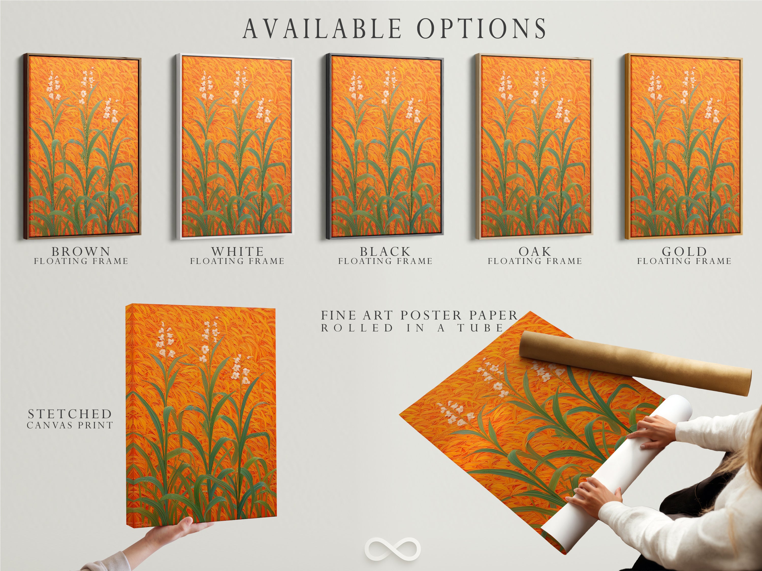 Available options for the floral field artwork are showcased. Options include a stretched canvas print a fine art poster paper and a floating frame. The artwork features an orange botanical theme. This modern plant artwork is perfect for entryway wall decor. Choose the perfect format for your space.