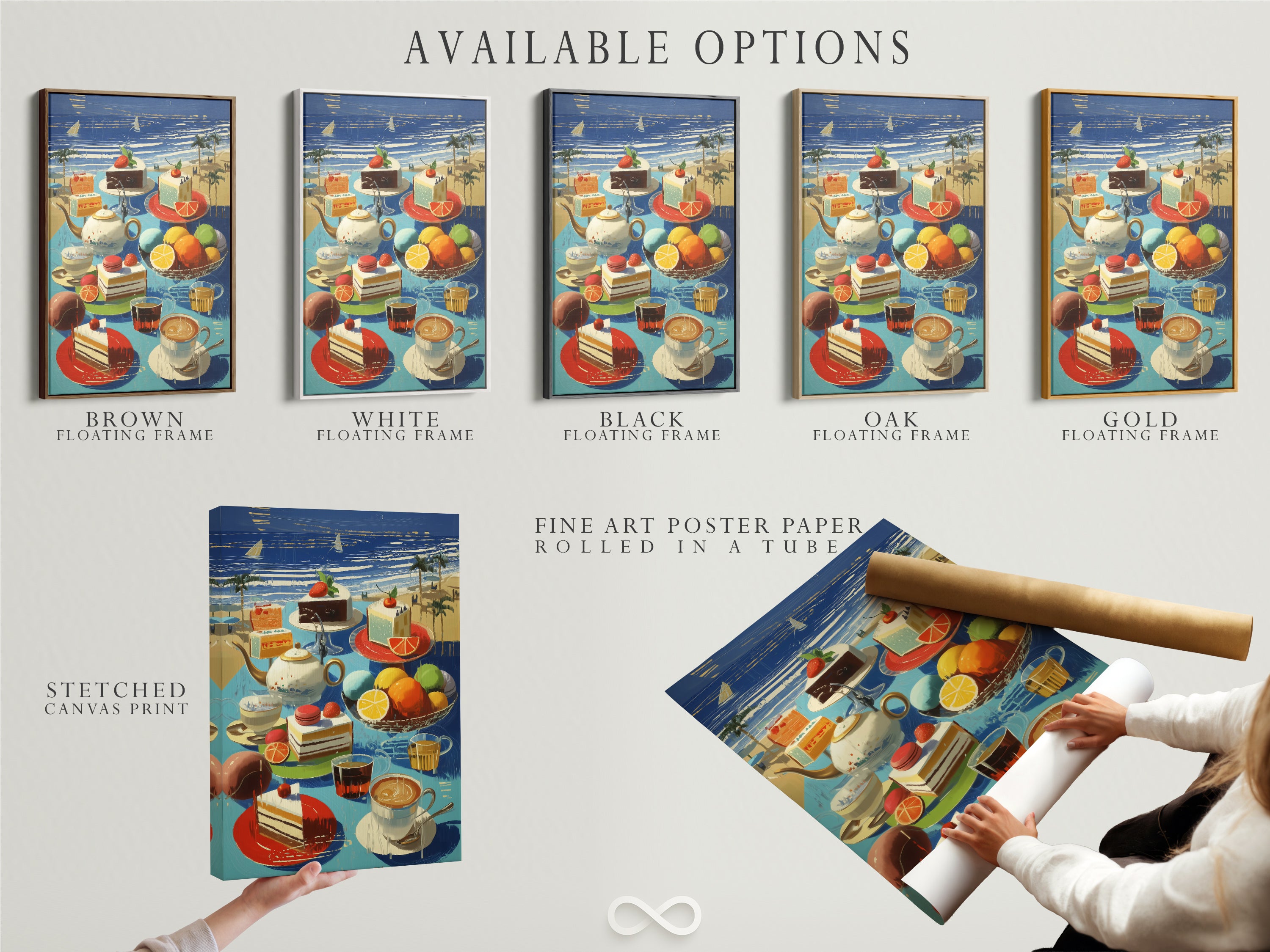 Explore available options for this coastal still life artwork. Choose from a stretched canvas print fine art poster paper or a floating frame. The beach cafe wall art brings a summer vibe to your kitchen decor. Select your perfect seaside artwork.