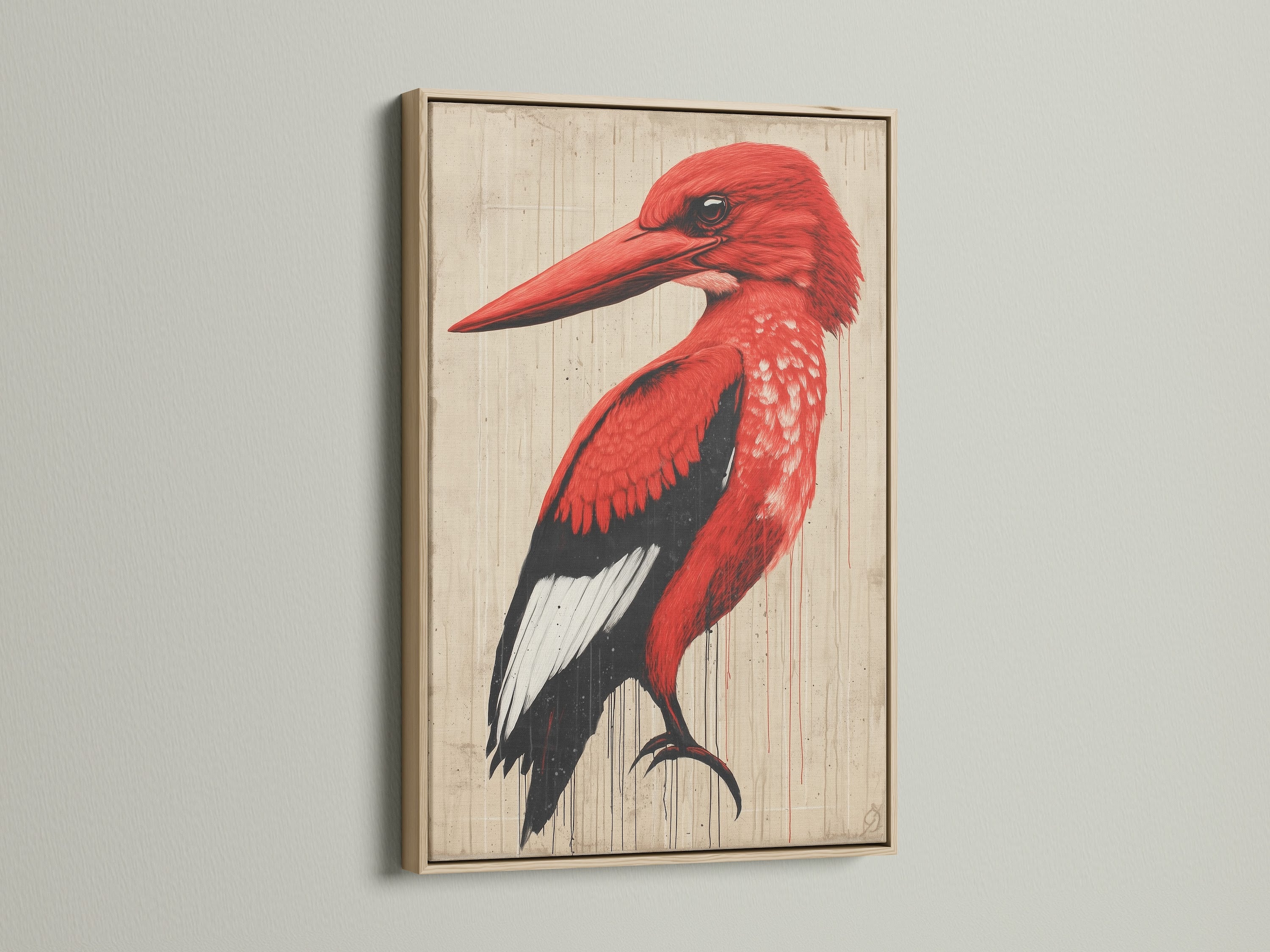 This is a captivating red bird artwork framed in oak. This animal artwork brings a touch of nature to any room. The vintage print is perfect for a study room adding a modern touch to your space.
