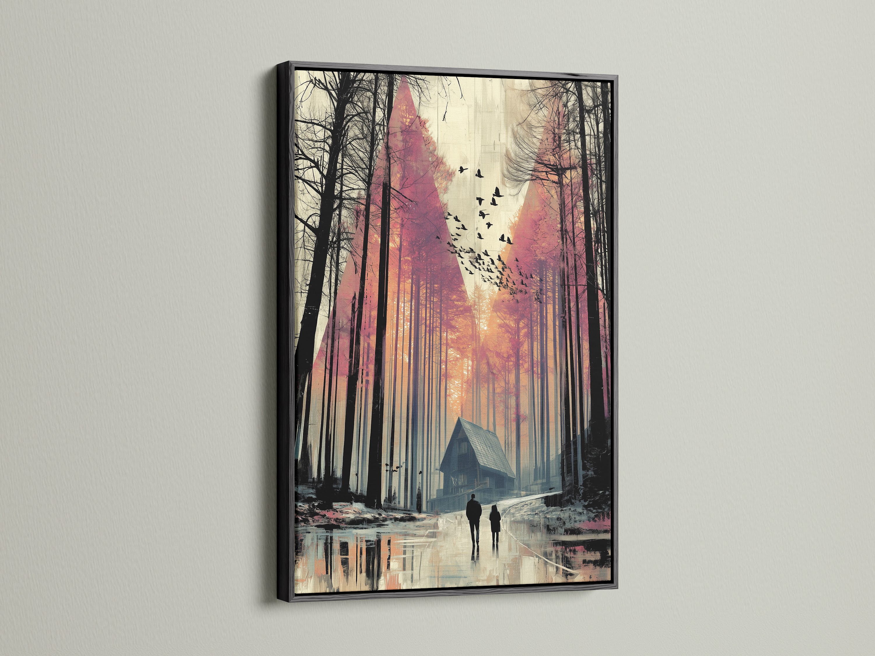 A forest cabin print is powerfully displayed in a black frame. The black frame adds a bold contrast to the nature artwork. This moody landscape artwork creates a dramatic effect. Suitable for modern eclectic or office wall art.