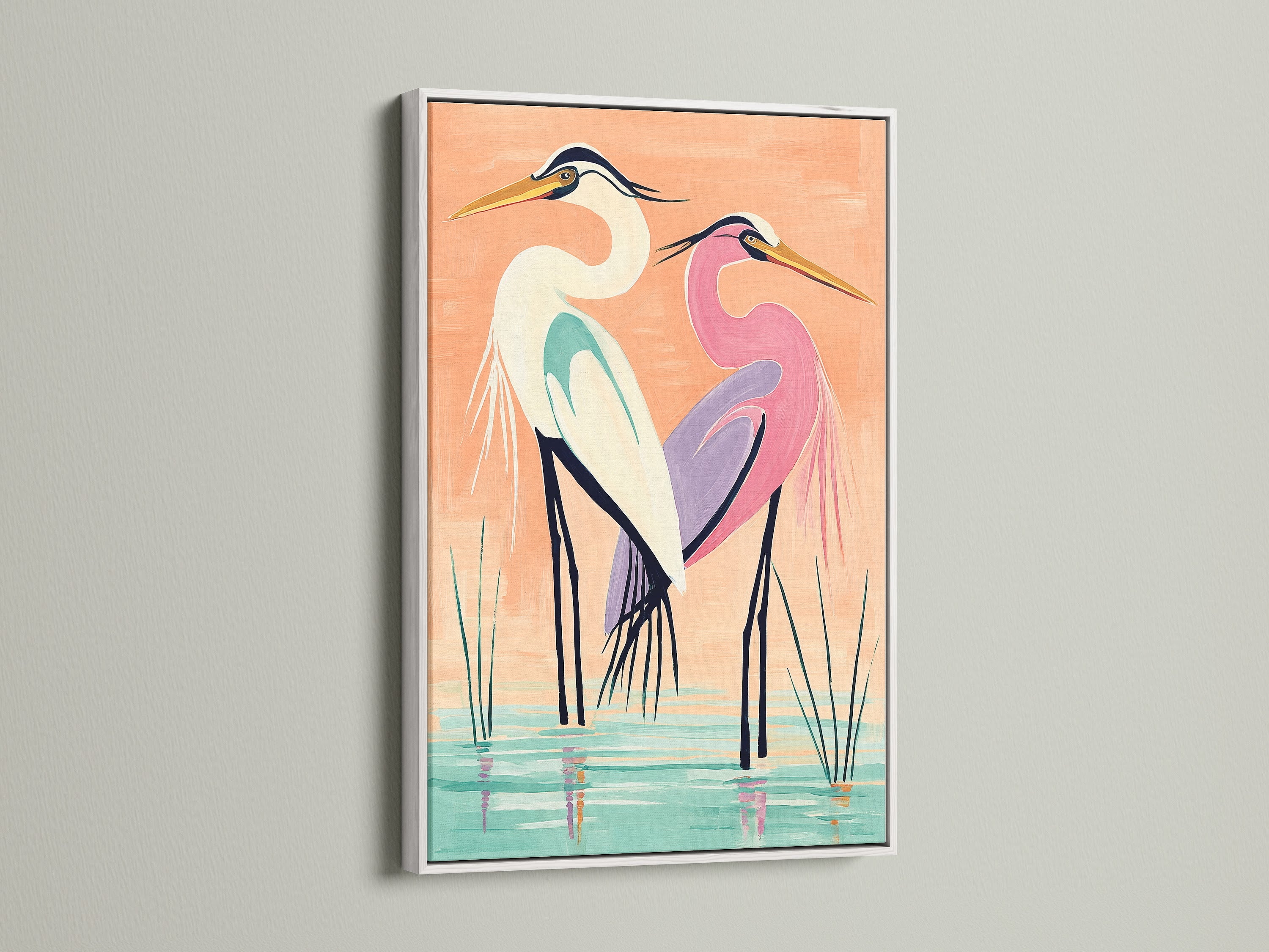 A coastal bird wall art piece featuring herons is displayed in a white frame. A white frame offers a clean and modern look for your heron artwork. This frame option complements coastal minimalist or contemporary styles. It is perfect for living rooms bedrooms bathrooms studios lobbies clinics cafés and spas.