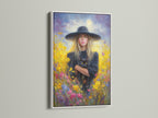 Artwork is beautifully showcased in a clean white frame. The painting features a woman and her cat in a colorful flower field. The white frame offers a crisp modern look. It is ideal for any contemporary space or office setting.