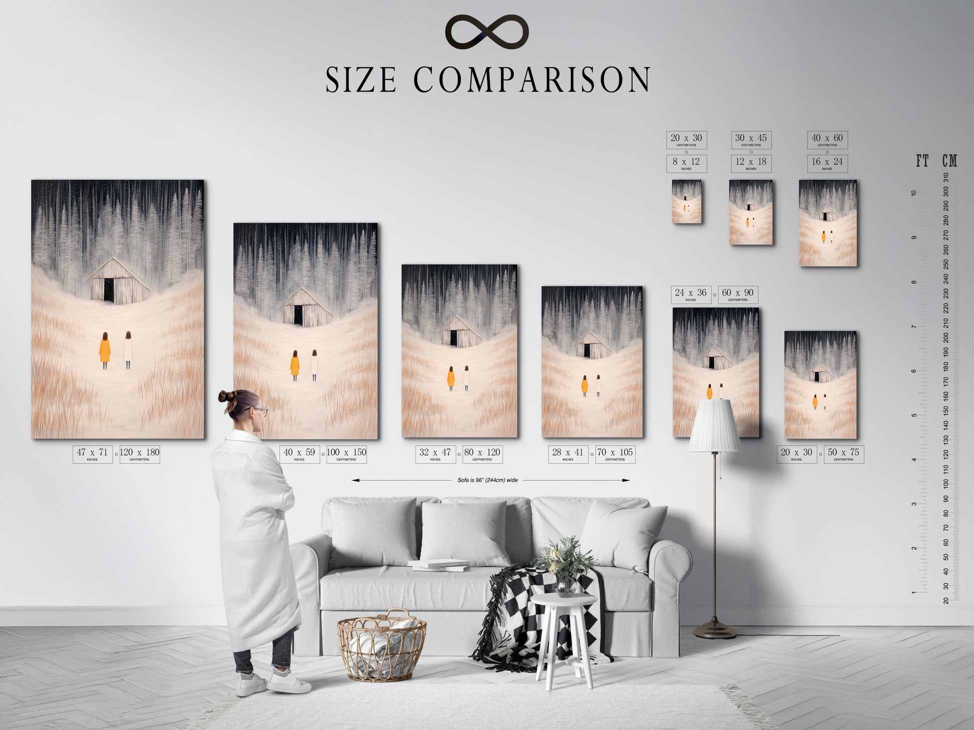 Size comparison chart in an interior setting. It shows the winter landscape artwork with figures in a snowy field. Visualize the perfect fit for your space. This minimalist art enhances any room.
