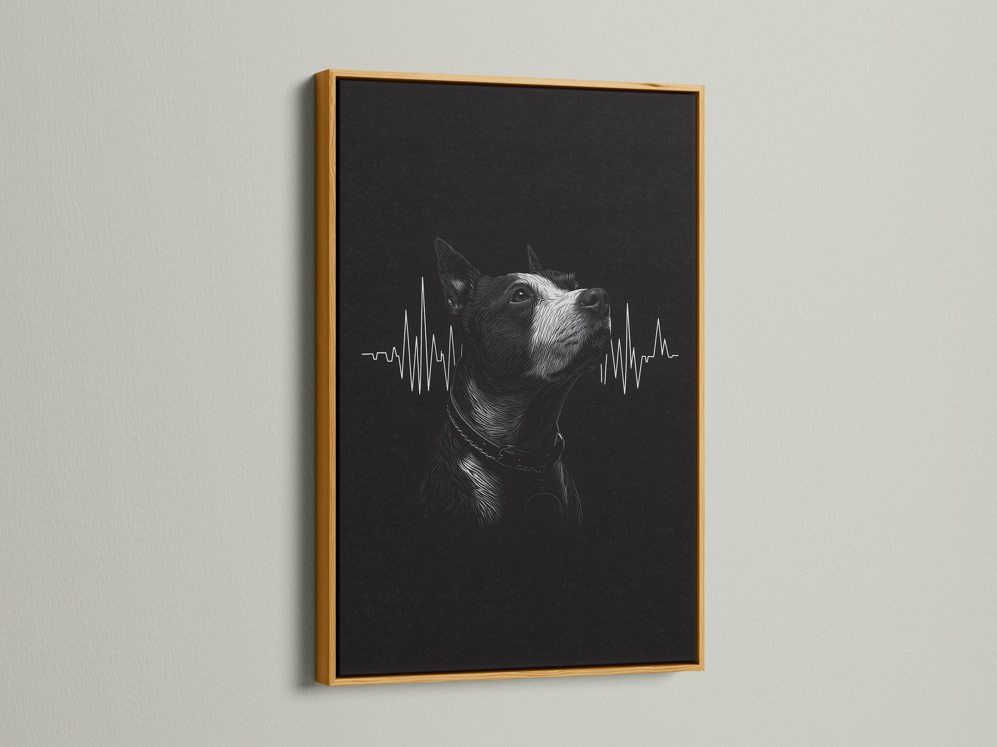 A dog heartbeat artwork is luxuriously presented in a gold frame. The gold finish adds warmth to the black and white art. This framed print is suitable for a veterinary clinic or home.