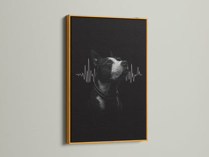 A dog heartbeat artwork is luxuriously presented in a gold frame. The gold finish adds warmth to the black and white art. This framed print is suitable for a veterinary clinic or home.