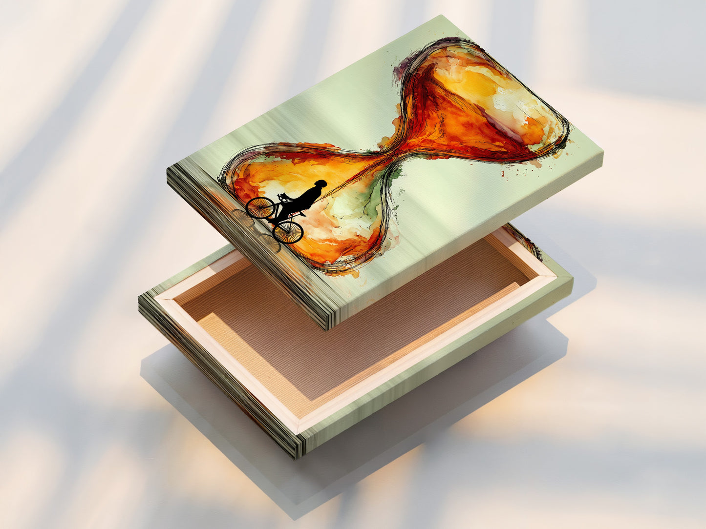 This stretched canvas print displays the 'Hourglass' artwork. It is a modern cyclist art piece ready to hang. The abstract sienna tones create a warm and inviting atmosphere. Ideal for modern wall decor. This is a unique cyclist gift for art enthusiasts and homeowners.