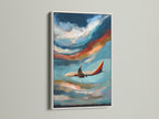 Modern airplane art with a white frame is showcased. This sky canvas art brings a serene cloudscape painting to any room. Perfect for office wall decor. It's an ideal gift for pilots and aviation lovers. Add a touch of wanderlust to your space.