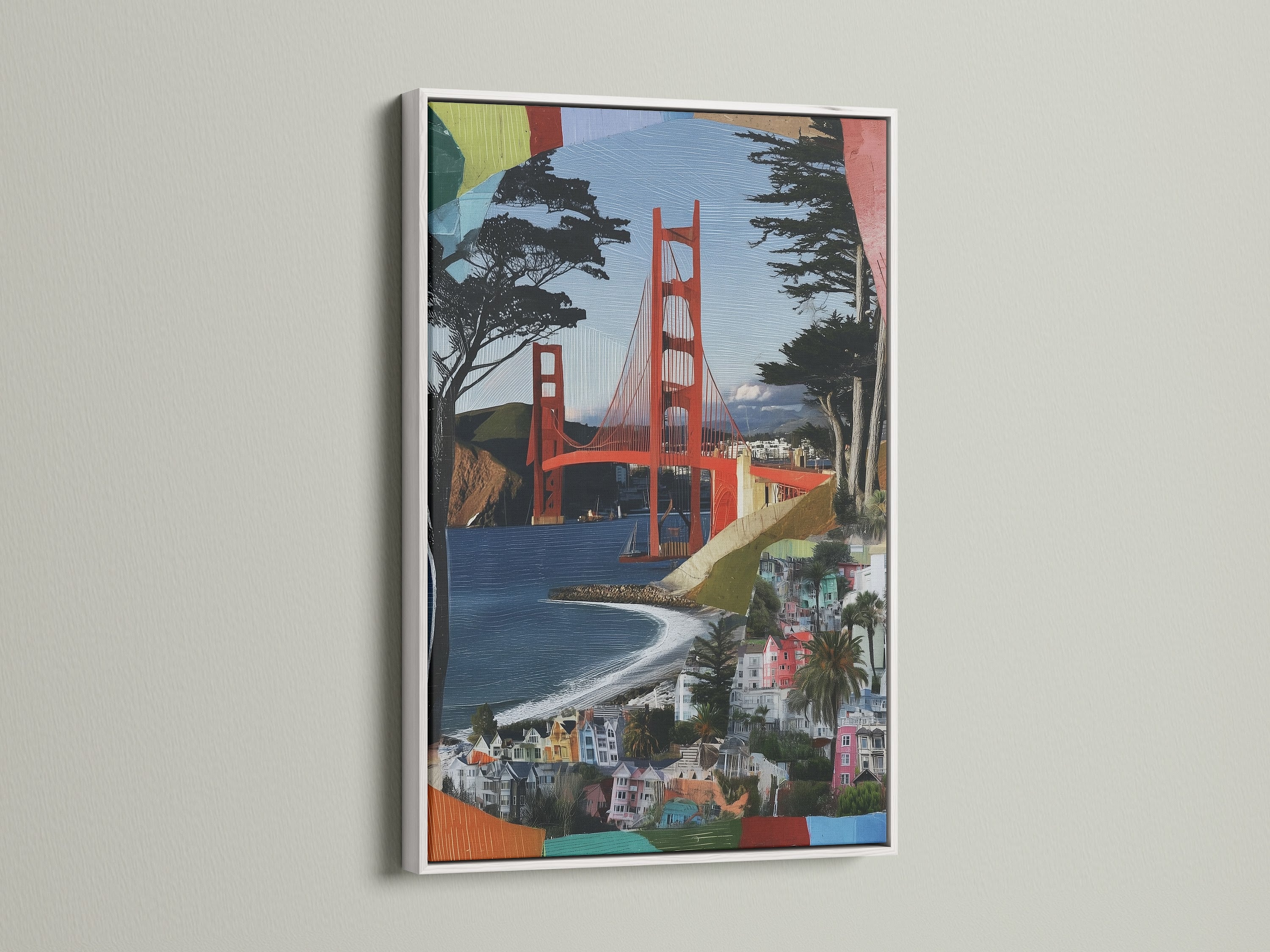This Golden Gate Bridge artwork is presented in a clean white frame. The California travel poster enhances office decor and home spaces. Experience the beauty of the Bay Area with this art.