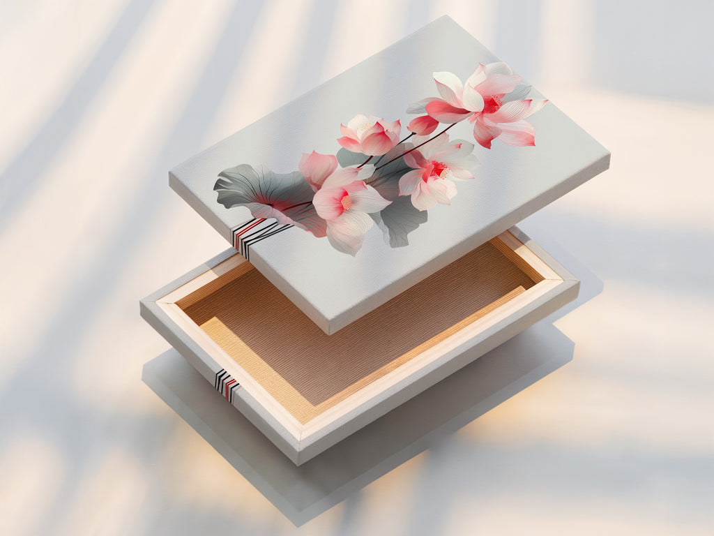 A stretched canvas print of the lotus flower artwork. This pink floral wall art is ready to hang. The stretched canvas provides a gallery-worthy look. It is ideal for living room wall art and bedroom decor.