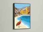 Bird canvas artwork in a black frame. Coastal artwork for modern homes. Ochre and teal art print creates a serene space. Ideal for beach home art. The seaside decor brings the ocean to your walls. Perfect architecture art.