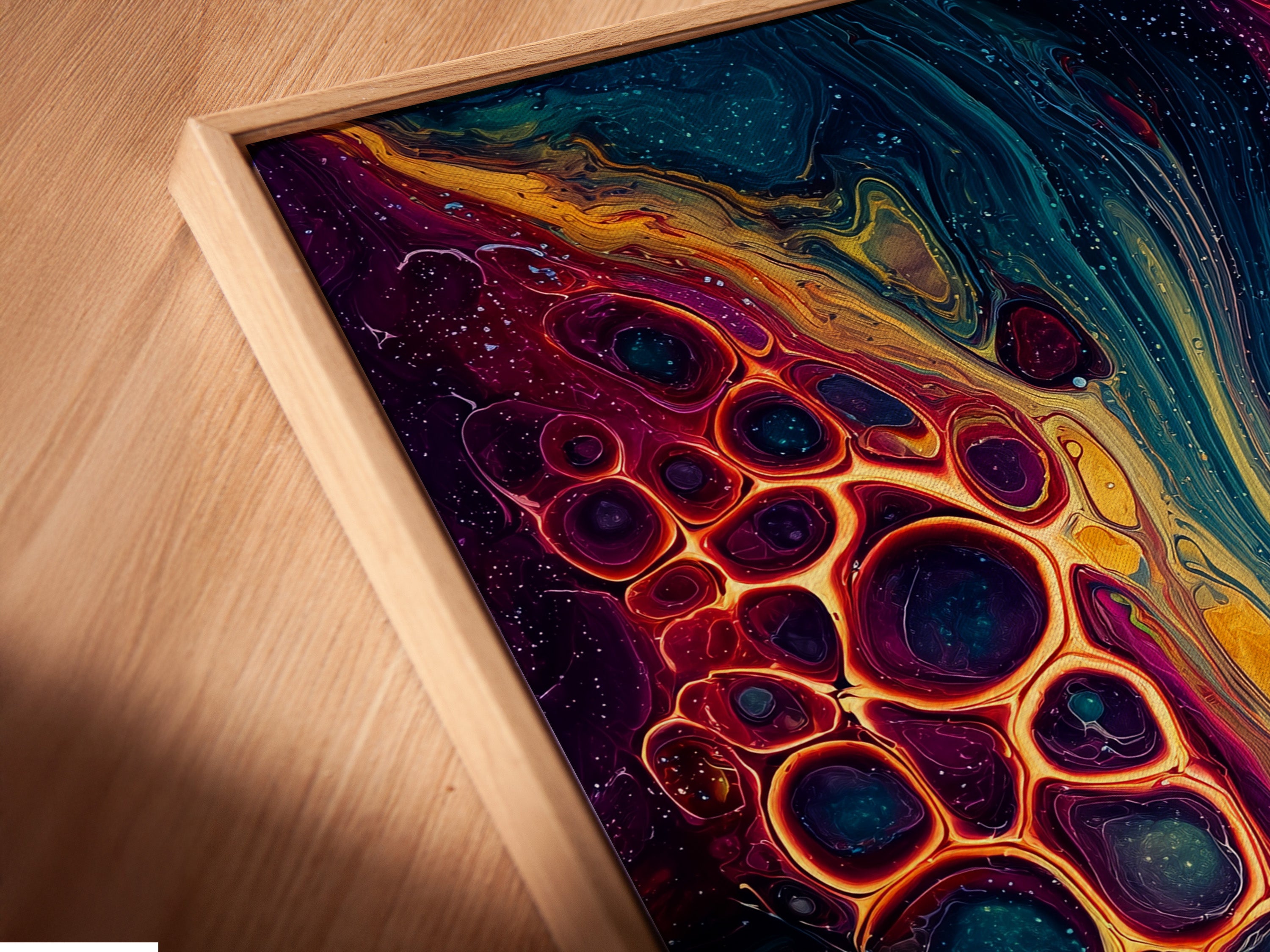 A close-up angled view of a canvas print in a floating frame. The floating frame gives the artwork a modern and airy appearance. The canvas print appears to hover within the frame. This framing style adds depth and visual interest. The floating frame enhances the artwork's contemporary feel.