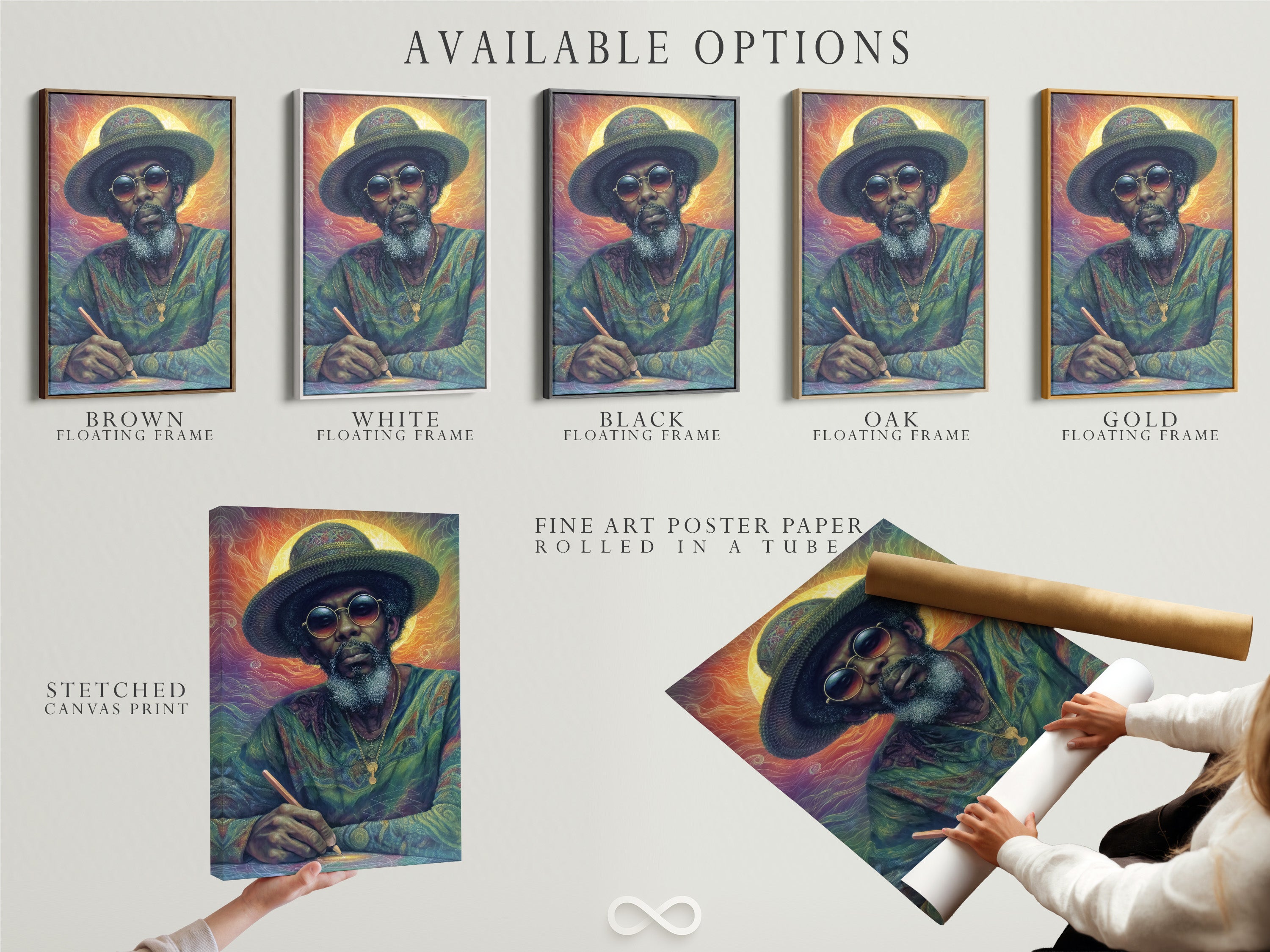 Explore available options including stretched canvas prints fine art poster paper and floating frames. Find the perfect fit for your psychedelic portrait artwork. The colorful Rastafarian print is ideal for bohemian wall decor.