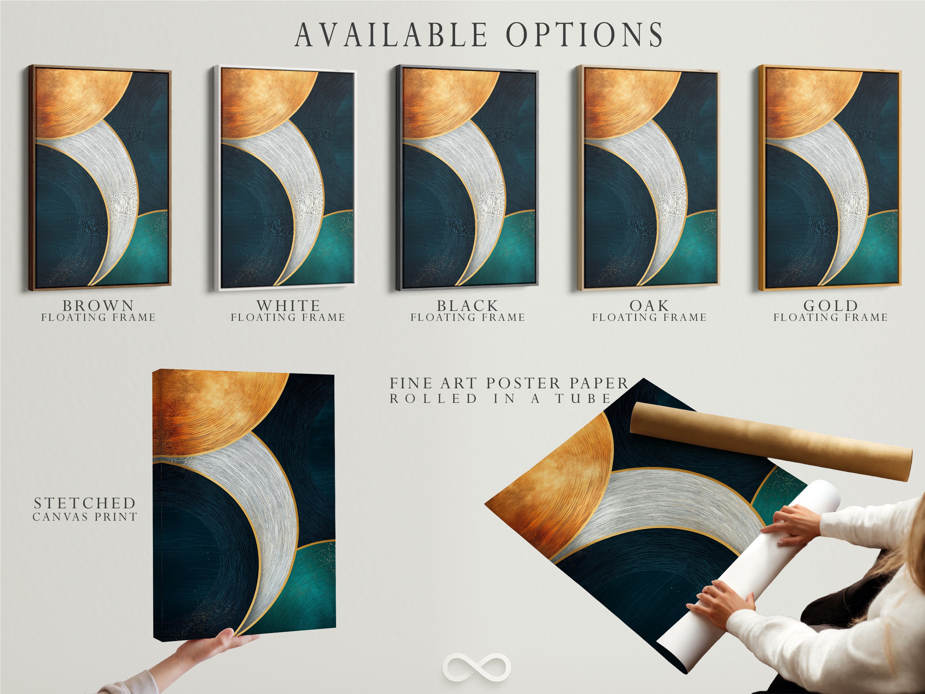 Explore available options for abstract geometric artwork. Choose from stretched canvas prints fine art poster paper or a floating frame. The artwork features teal navy and gold curved lines. Customize your contemporary art piece to perfectly match your modern home decor style.