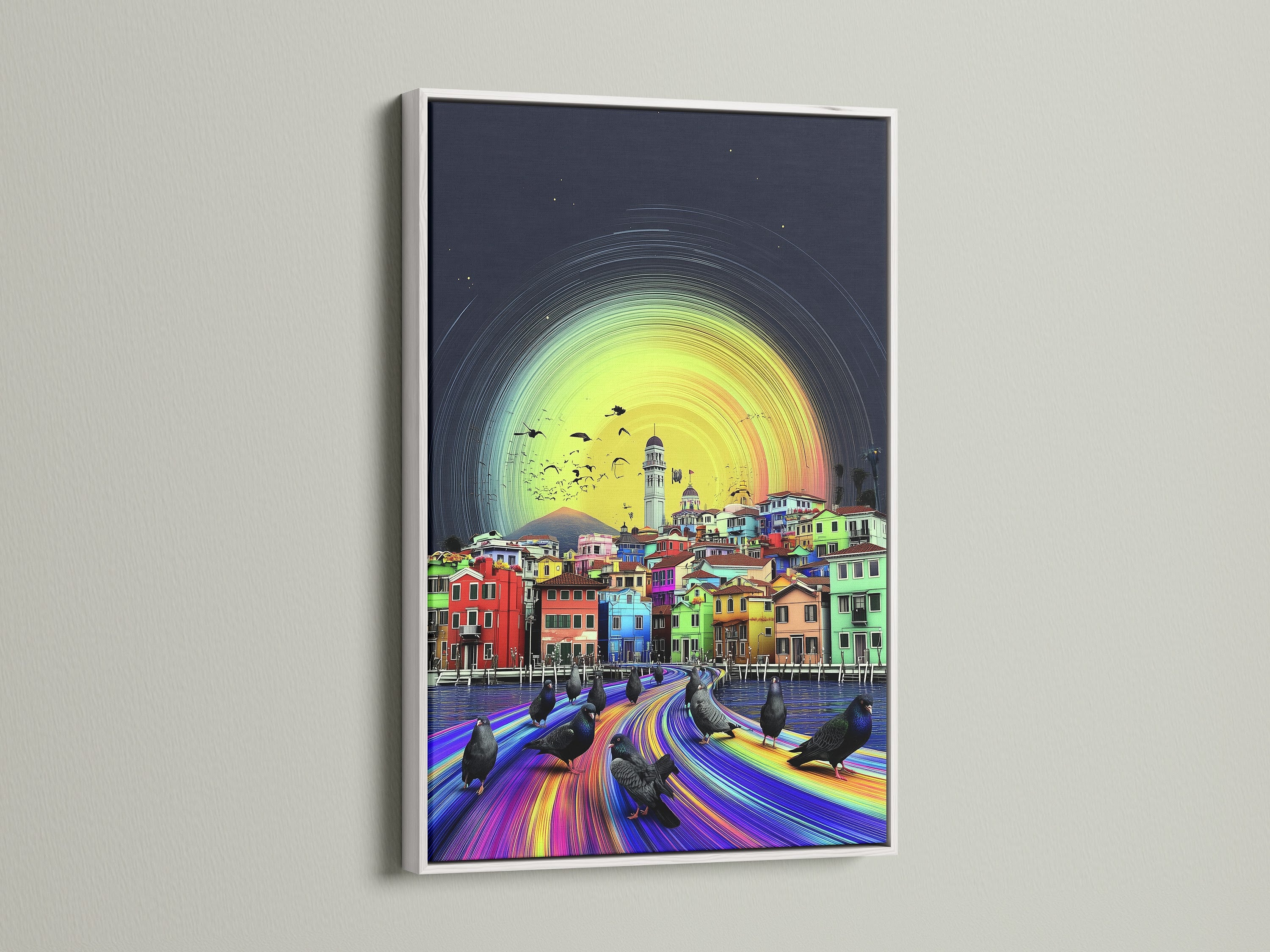Modern multi-colored Venice artwork in a white frame. This whimsical cityscape adds a bright touch to any room. This Italian decor is perfect as living room wall art or office wall art. The vivid art print captures the essence of Venice.
