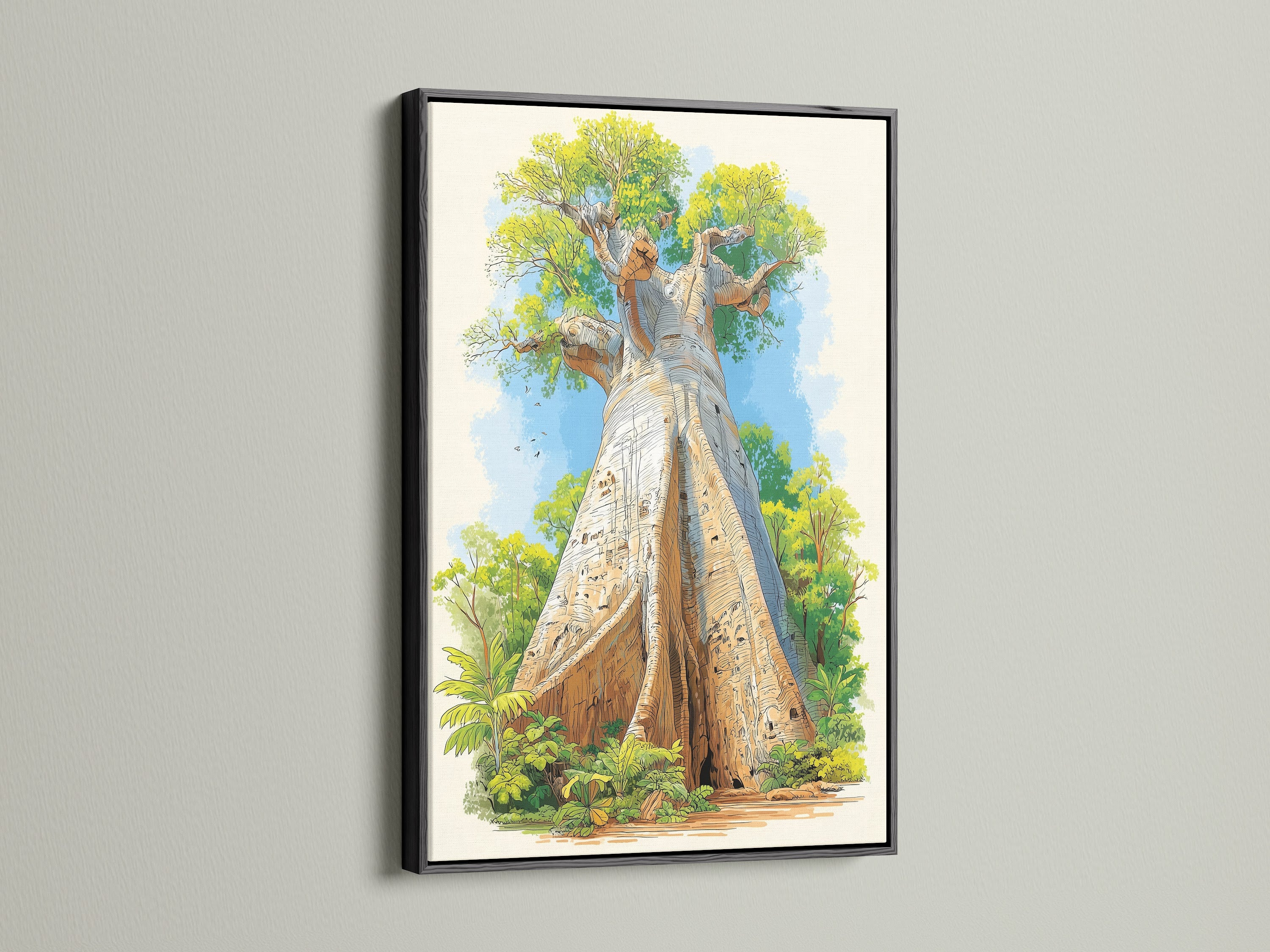 Baobab Tree artwork is powerfully displayed in a black frame. This African landscape artwork makes a bold statement. The black frame adds a touch of modern sophistication. It makes it suitable for diverse home or office settings with minimalist art.