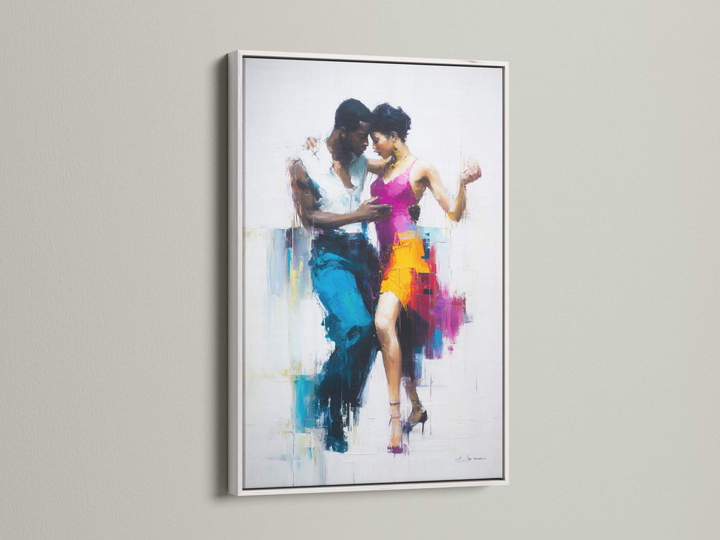 The artwork features a white frame. The art shows a couple dancing. The white frame offers a clean. It provides a modern aesthetic. The art becomes a focal point. The colors pop against the white. The dancers are full of life. This piece is a versatile addition to any home or office.