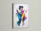 The artwork features a white frame. The art shows a couple dancing. The white frame offers a clean. It provides a modern aesthetic. The art becomes a focal point. The colors pop against the white. The dancers are full of life. This piece is a versatile addition to any home or office.